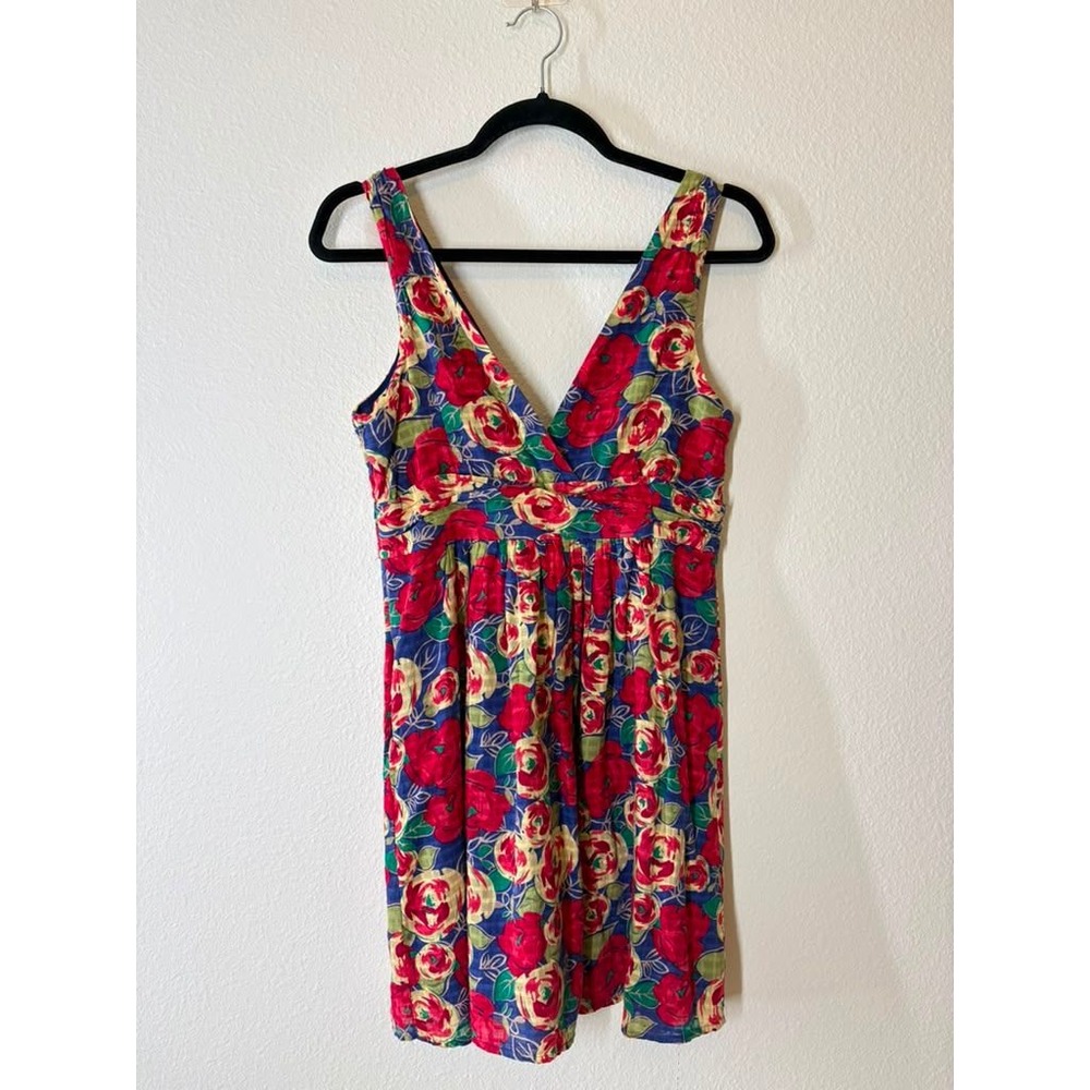 Floral Rose Print Empire Waist V-Neck Mini Dress Blue Red Sleeveless Retro 31L